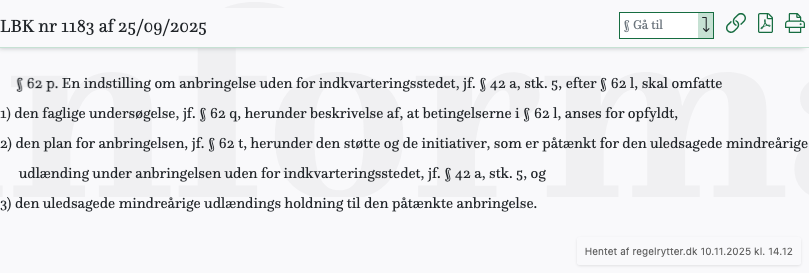 Screenshot af § 62 p. fra retsinformation.dk