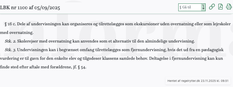 Screenshot af § 16 c. fra retsinformation.dk