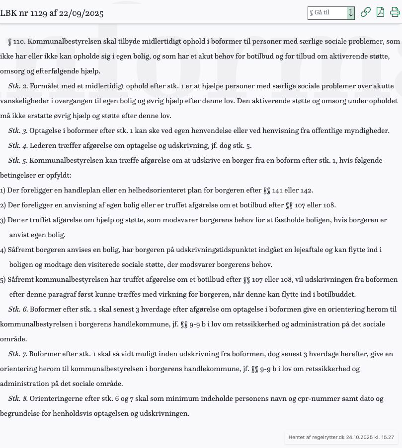 Screenshot af § 110. fra retsinformation.dk