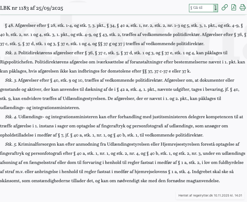 Screenshot af § 48. fra retsinformation.dk