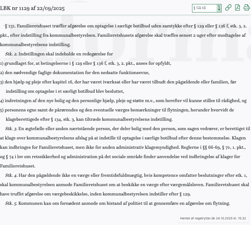 Screenshot af § 131. fra retsinformation.dk