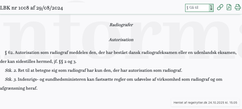 Screenshot af § 62. fra retsinformation.dk