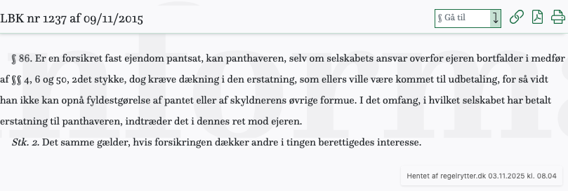 Screenshot af § 86. fra retsinformation.dk