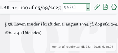 Screenshot af § 58. fra retsinformation.dk