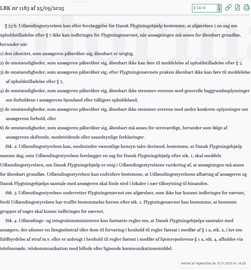 Screenshot af § 53 b. fra retsinformation.dk