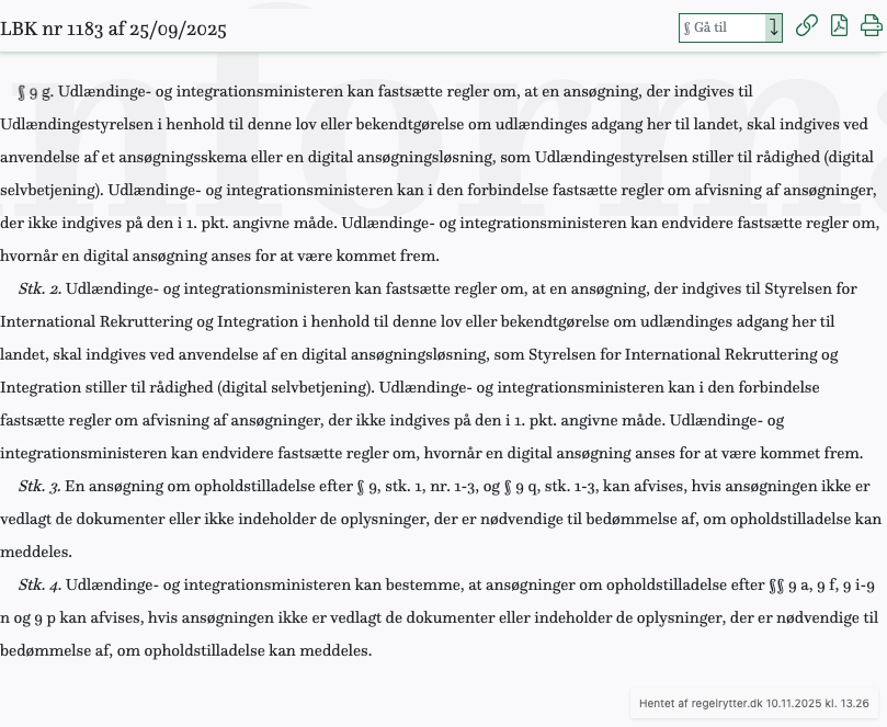 Screenshot af § 9 g. fra retsinformation.dk