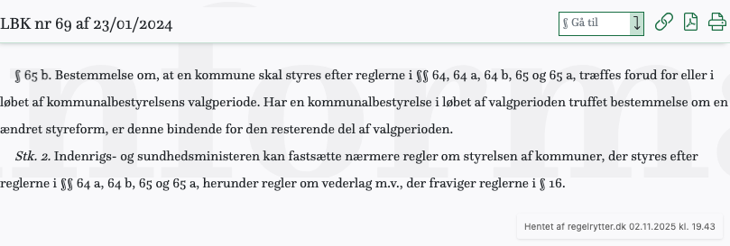Screenshot af § 65 b. fra retsinformation.dk