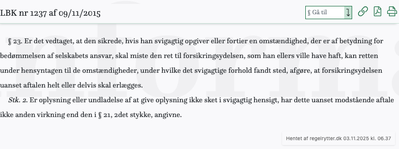 Screenshot af § 23. fra retsinformation.dk