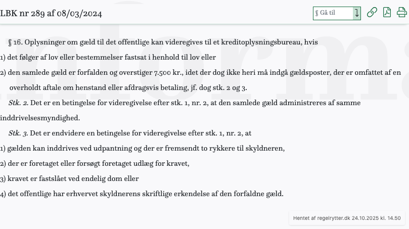 Screenshot af § 16. fra retsinformation.dk