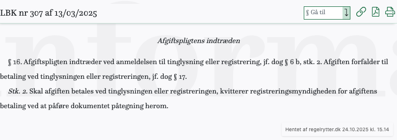 Screenshot af § 16. fra retsinformation.dk