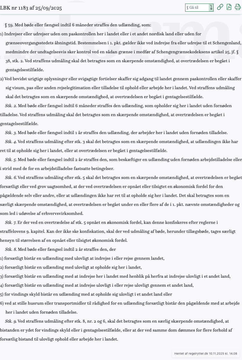 Screenshot af § 59. fra retsinformation.dk