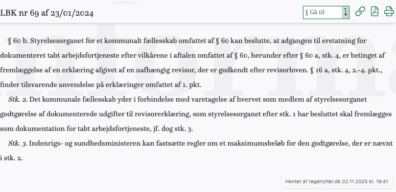 Screenshot af § 60 b. fra retsinformation.dk