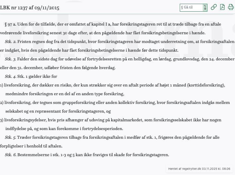 Screenshot af § 97 a. fra retsinformation.dk