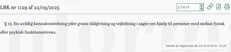 Screenshot af § 15. fra retsinformation.dk