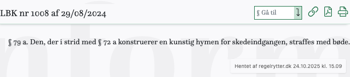 Screenshot af § 79 a. fra retsinformation.dk