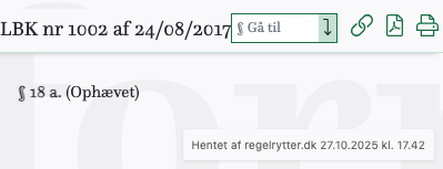 Screenshot af § 18 a. fra retsinformation.dk