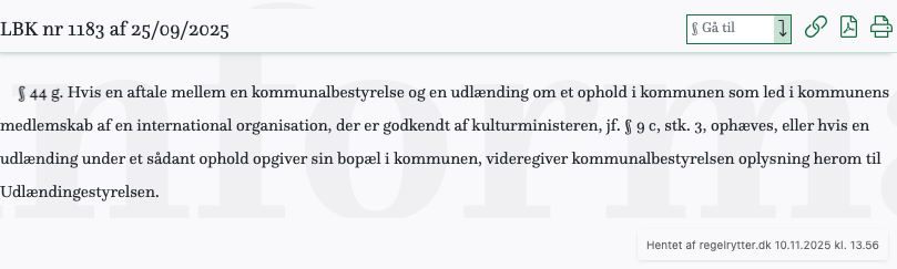 Screenshot af § 44 g. fra retsinformation.dk