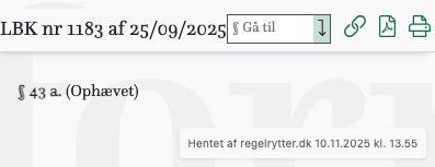 Screenshot af § 43 a. fra retsinformation.dk