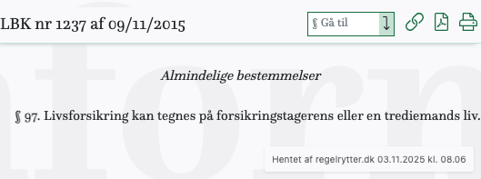 Screenshot af § 97. fra retsinformation.dk
