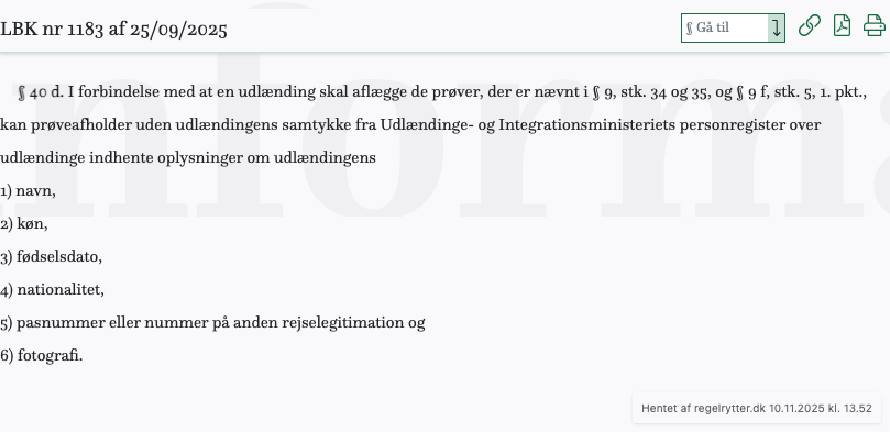 Screenshot af § 40 d. fra retsinformation.dk