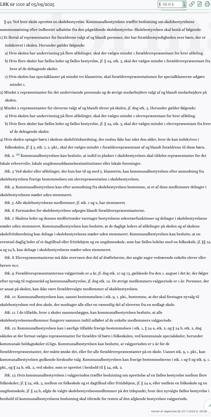 Screenshot af § 42. fra retsinformation.dk