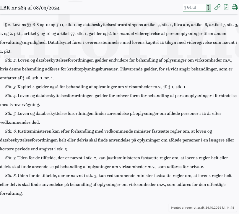 Screenshot af § 2. fra retsinformation.dk