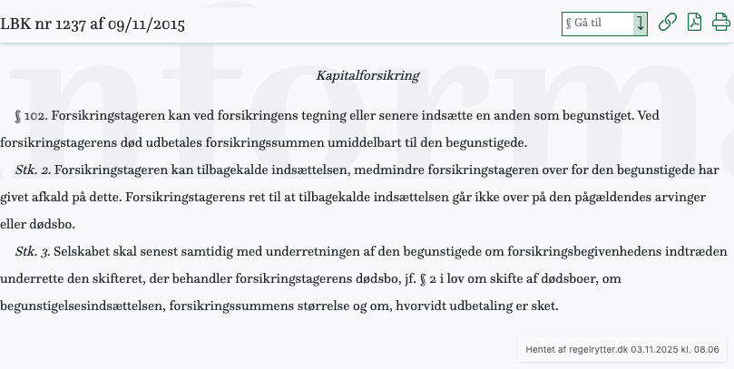 Screenshot af § 102. fra retsinformation.dk