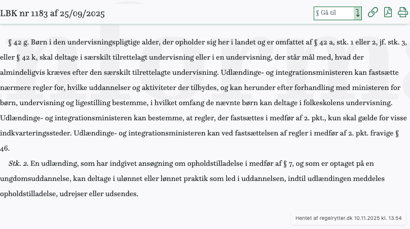 Screenshot af § 42 g. fra retsinformation.dk