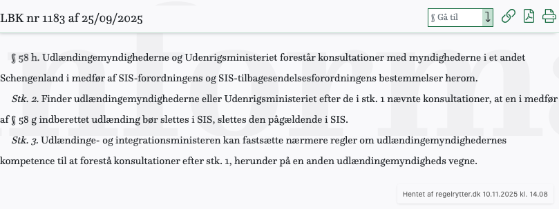 Screenshot af § 58 h. fra retsinformation.dk