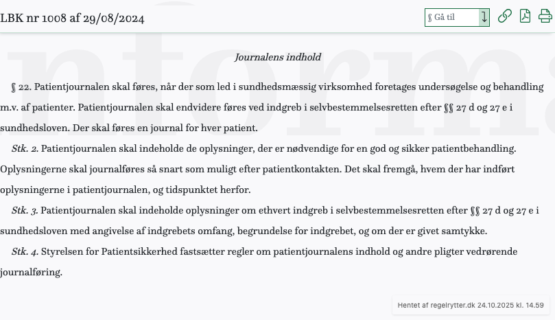 Screenshot af § 22. fra retsinformation.dk