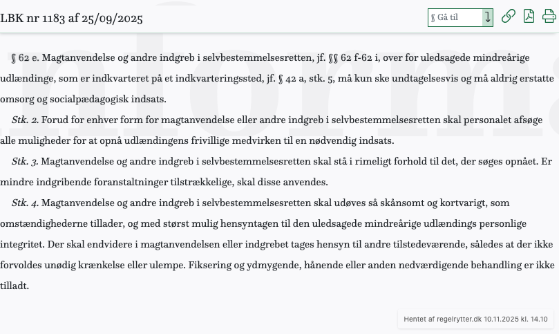 Screenshot af § 62 e. fra retsinformation.dk