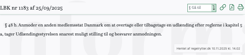 Screenshot af § 48 b. fra retsinformation.dk