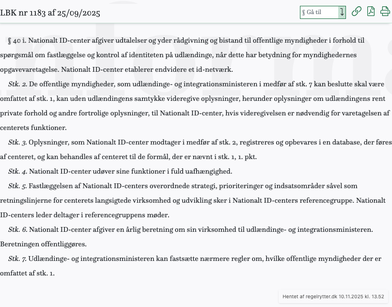 Screenshot af § 40 i. fra retsinformation.dk