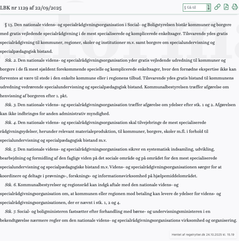 Screenshot af § 13. fra retsinformation.dk