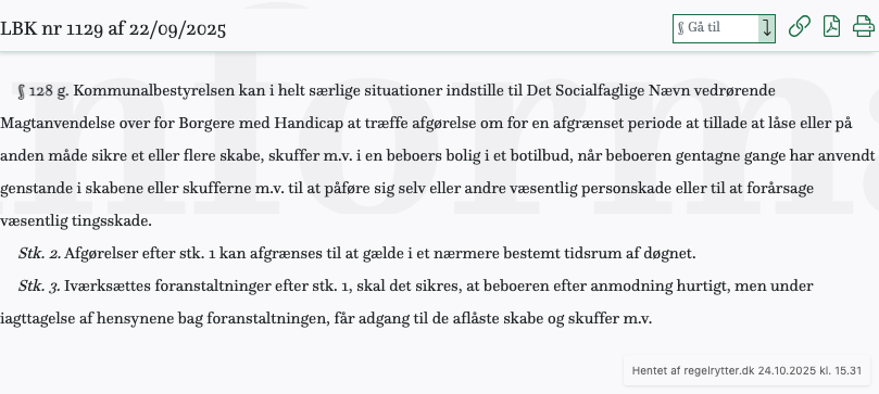 Screenshot af § 128 g. fra retsinformation.dk