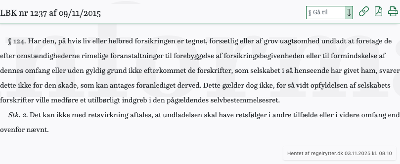 Screenshot af § 124. fra retsinformation.dk