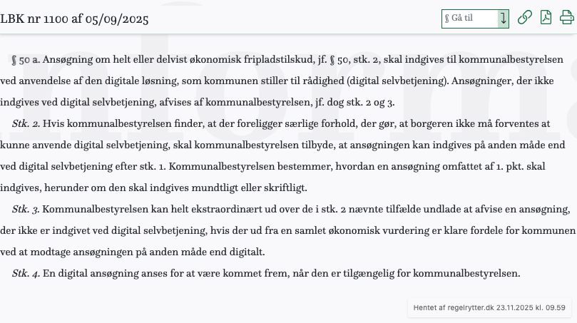 Screenshot af § 50 a. fra retsinformation.dk