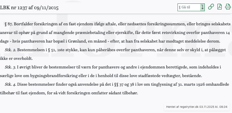 Screenshot af § 87. fra retsinformation.dk