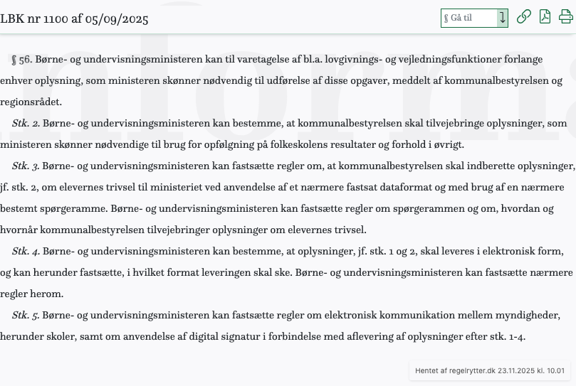 Screenshot af § 56. fra retsinformation.dk