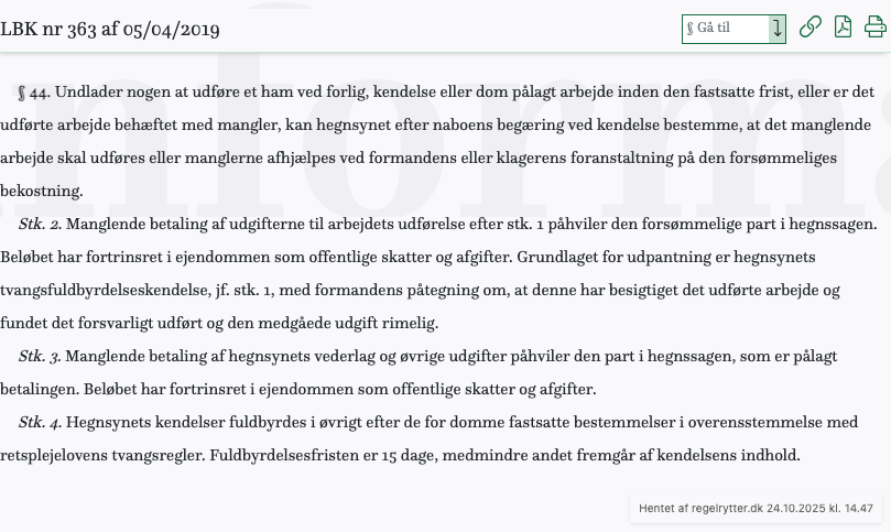 Screenshot af § 44. fra retsinformation.dk