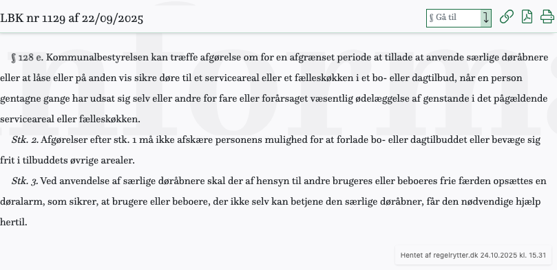 Screenshot af § 128 e. fra retsinformation.dk