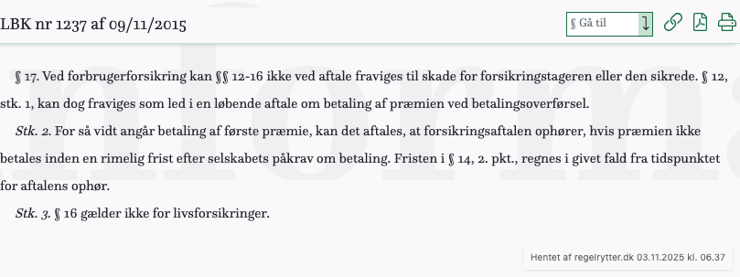 Screenshot af § 17. fra retsinformation.dk
