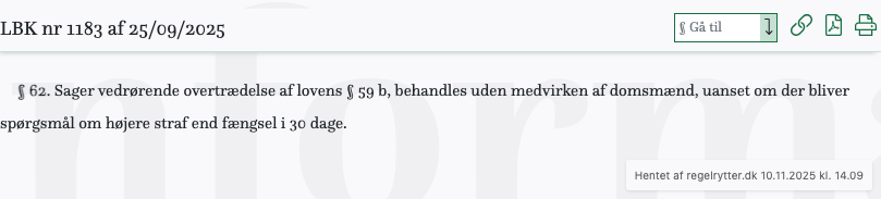 Screenshot af § 62. fra retsinformation.dk
