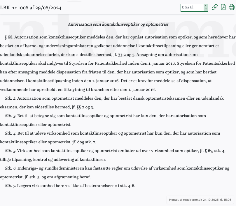 Screenshot af § 68. fra retsinformation.dk