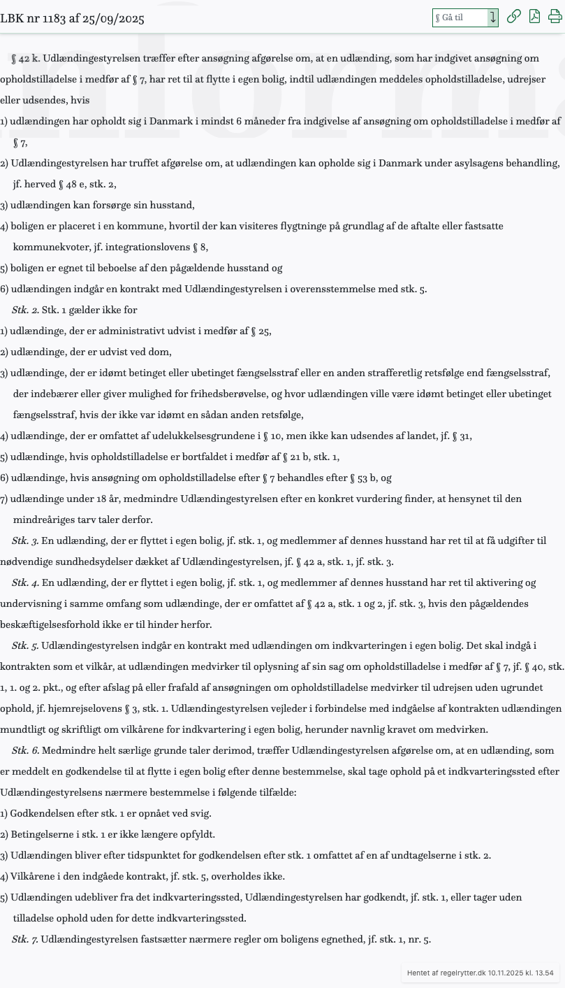 Screenshot af § 42 k. fra retsinformation.dk