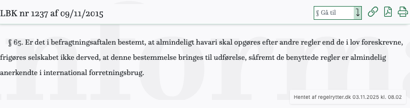 Screenshot af § 65. fra retsinformation.dk