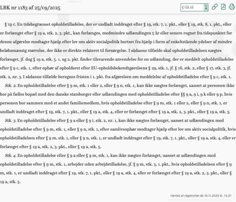 Screenshot af § 19 c. fra retsinformation.dk