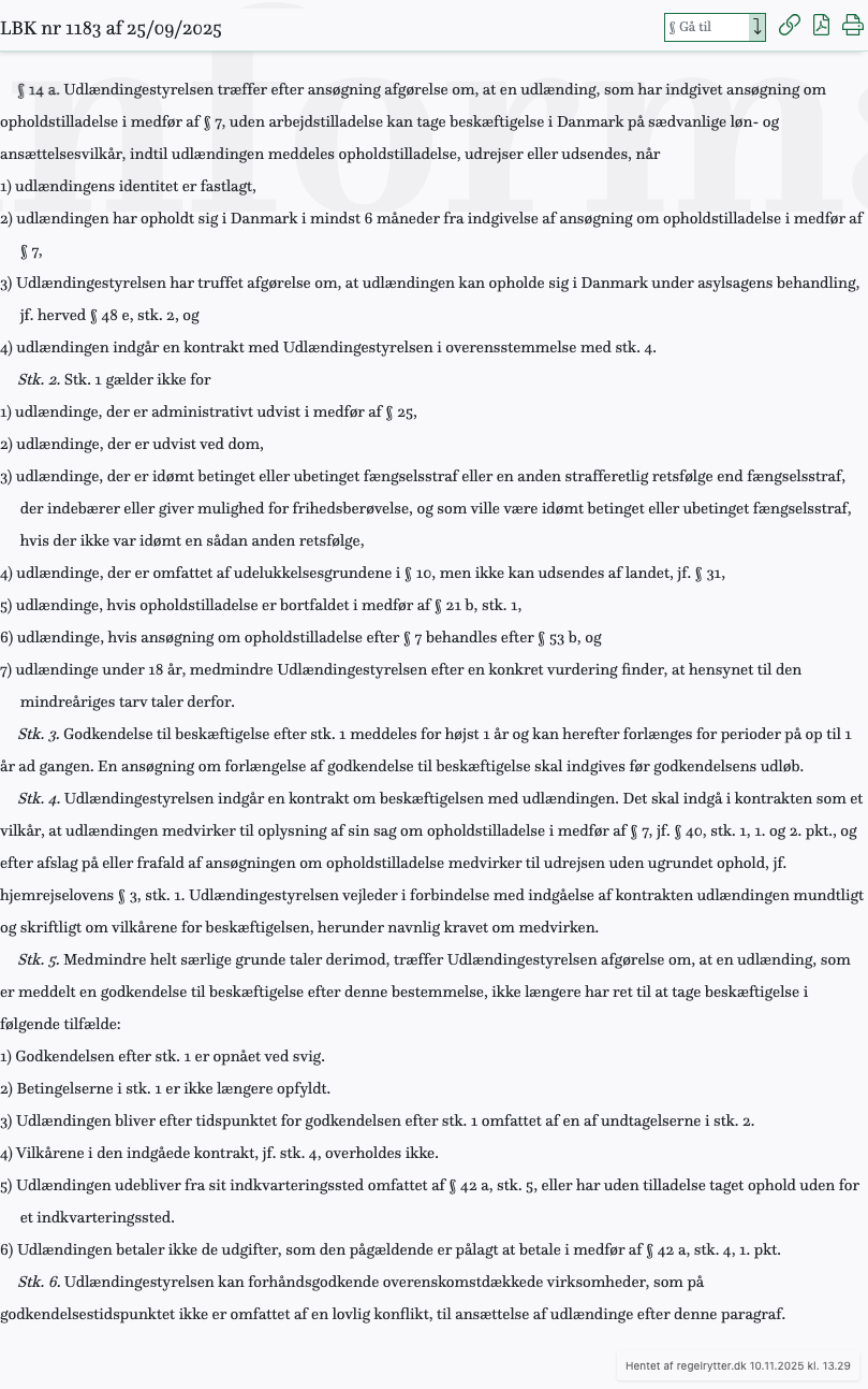 Screenshot af § 14 a. fra retsinformation.dk