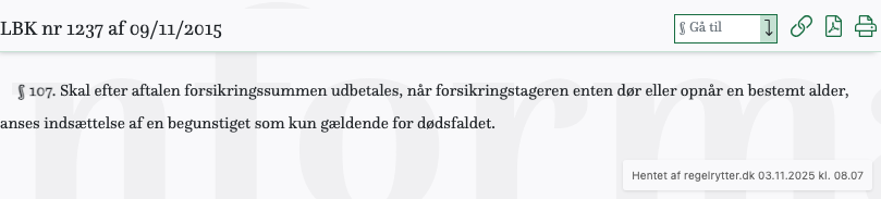 Screenshot af § 107. fra retsinformation.dk