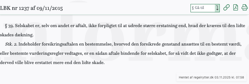 Screenshot af § 39. fra retsinformation.dk